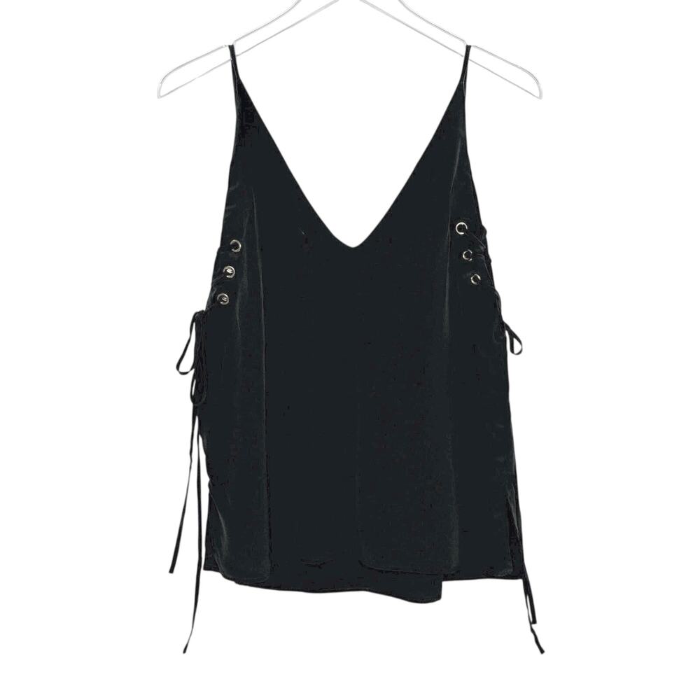 Amanda Uprichard 100% Silk Side Lace Up Grommet V Neck Shell Top L Black